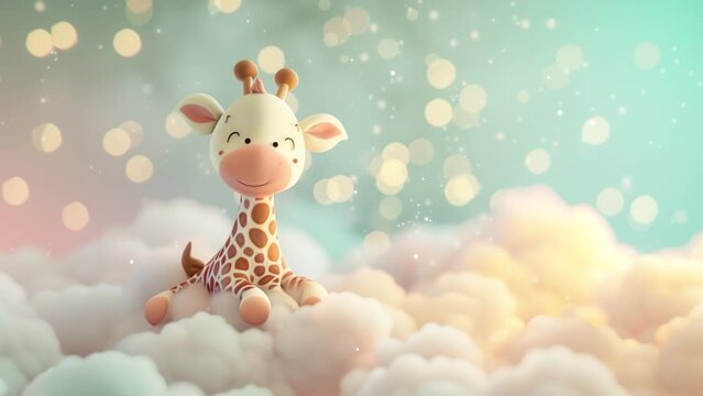 Cute cartoon animal, 3d art style, bokeh background. Stylized giraffe on the cloud. Copy space for text, card template, banner, backdrop. Cute character for kids, looped animation