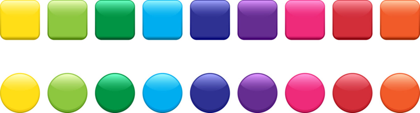 Glossy button vector icon, glass web badge, color rainbow 3d bubble isolated on white background. Color gradient pin set. Rounded shiny illustration