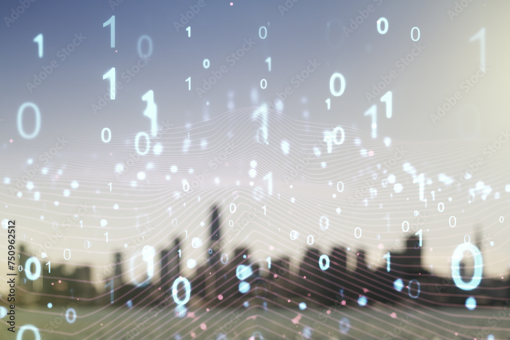 Leinwandbilder abstract virtual binary code illustration on blurry skyline background. big data and coding concept.