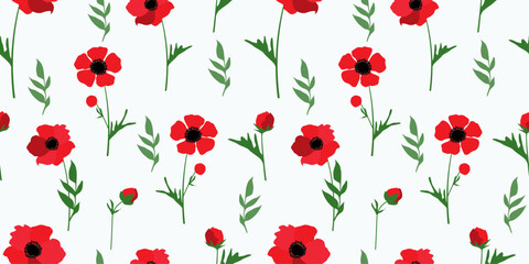 Seamless pattern with bright anemone flowers. Summer bloom vintage natural print. Vector graphics. - obrazy, fototapety, plakaty