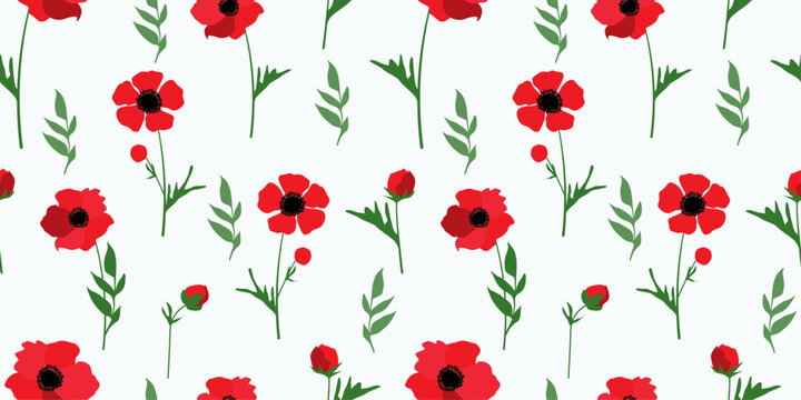 Seamless pattern with bright anemone flowers. Summer bloom vintage natural print. Vector graphics.