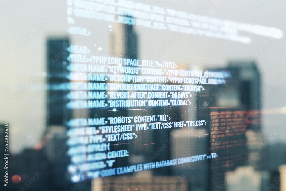 Poster multi exposure of abstract software development hologram on blurry cityscape background, research an