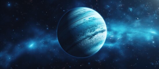 A detailed 3D rendering of the planet Neptune, showcasing its blue hue and distinctive features as it stands out in the vast solar system sky.