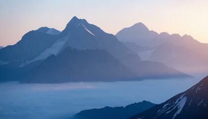 An image of epic mountains enveloped in morning fog, with sunlight casting a warm glow, creating a serene and majestic natural background.