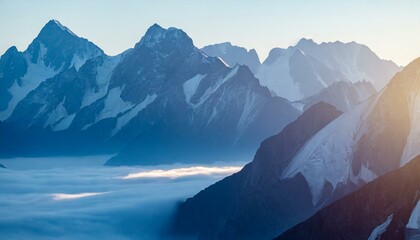 An image of epic mountains enveloped in morning fog, with sunlight casting a warm glow, creating a serene and majestic natural background.
