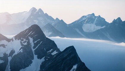 An image of epic mountains enveloped in morning fog, with sunlight casting a warm glow, creating a serene and majestic natural background.