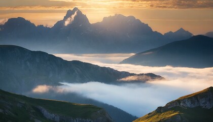 An image of epic mountains enveloped in morning fog, with sunlight casting a warm glow, creating a serene and majestic natural background.