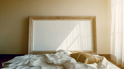 Fototapeta na wymiar A white framed mirror sits on a bed with a white sheet