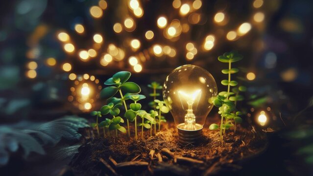 Glowing Bulb Amidst Sprouting Green Plants