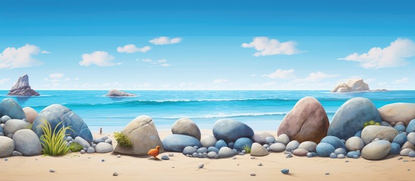 This painting depicts a beach scene with various rocks and plants scattered around. The artist has captured the natural elements of the beach, showcasing the textures and colors of the rocks and