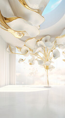 Elegant White and Gold Flower Installation in a Modern Bright Lobby