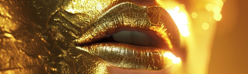 Golden Lips, Face Portrait, Shining Bronze Woman Face on Black Background, Glamour Shiny Makeup on Model - obrazy, fototapety, plakaty