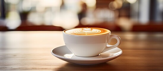 Fototapeta premium A cup of coffee latte sits on top of a wooden table in a cozy cafe setting. The steam rises from the creamy beverage, creating a warm and inviting atmosphere.