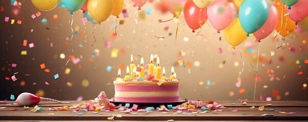 Obraz premium Happy birthday party celebration greeting card banner - Colorful birthday cake with many burning candles on wooden table, with balloons and confetti in the background