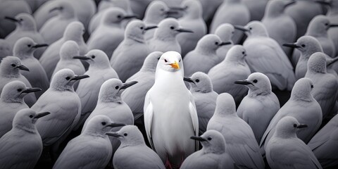 Obraz premium Standing out from the crowd , white bird standing between man gray birds