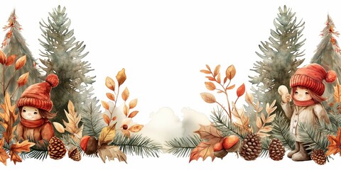 Christmas holiday and winter season marketing background, horizontal rectangle banner with a dwarf, a fir tree, and acorns, elaborate borders, copy space, high details,wimscal
 - obrazy, fototapety, plakaty
