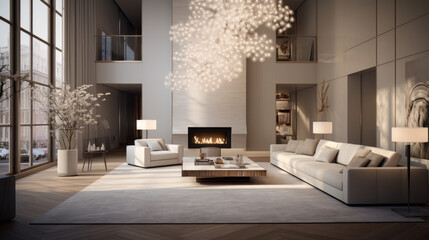 A sleek living space illuminated by a beautiful statement lighting fixture, adding a touch of luxury to the decor 