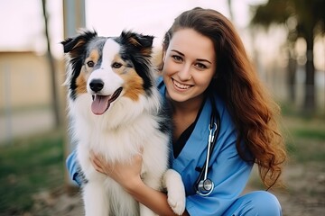 Happy Veterinary Nurse Smiling a Cute Dog, Vet Clinic, Young Puppy, Generative AI Illustration