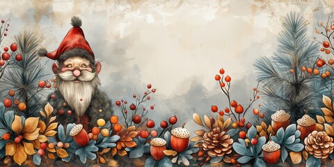 Christmas holiday and winter season marketing background, horizontal rectangle banner with a dwarf, a fir tree, and acorns, elaborate borders, copy space, high details,wimscal
 - obrazy, fototapety, plakaty