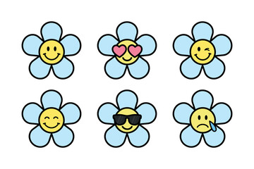 daisy flower emoji set, groovy cartoon characters, sticker pack in trendy retro style, hippie vector design elements