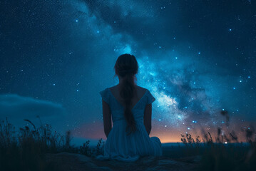 Young woman is sitting on a rock in a field of grass against the backdrop of the starry night sky