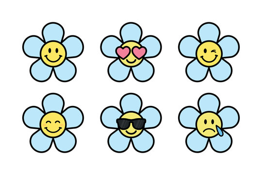 daisy flower emoji set, groovy cartoon characters, sticker pack in trendy retro style, hippie vector design elements