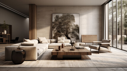 A sleek living room with textured walls and a neutral colour palette, featuring a grey sofa and a mirrored side table