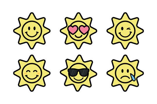 sun emoji set, groovy cartoon characters, sticker pack in trendy retro style, hippie vector design elements