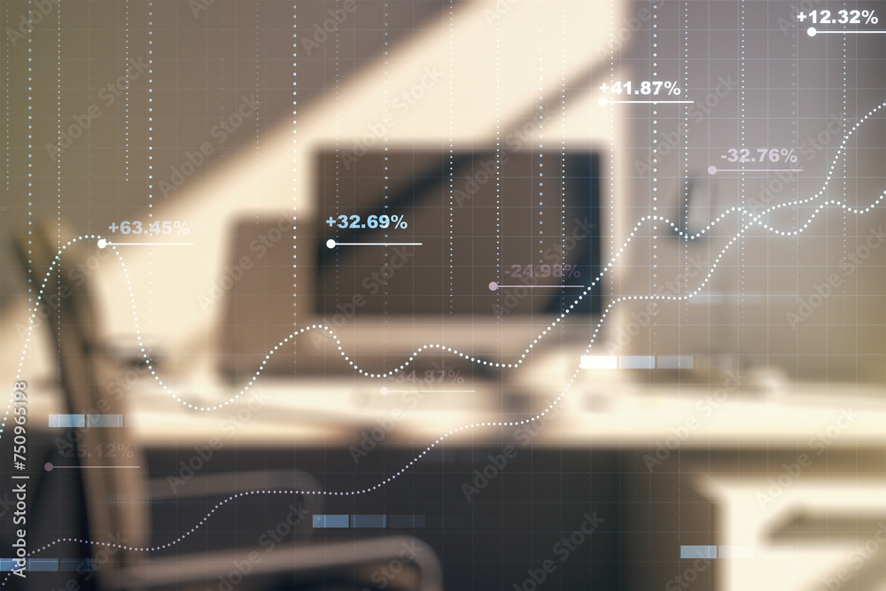 Poster Multi exposure of creative statistics data hologram and modern desktop with laptop on background, stats and analytics concept