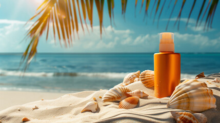 Sunscreen in sand with shells under palm tree against background of ocean. Summer. Copy space.