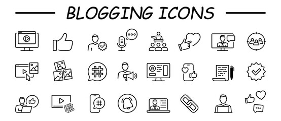 Fototapeta na wymiar Blogging icon collection. Containing influencer, content, creation, vlogger, social media, digital marketing and community icons. Vector illustration.