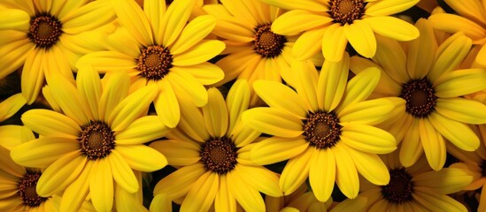 A close-up view of a bunch of wild yellow daisies with striking brown centers, showcasing their natural beauty and vivid colors.