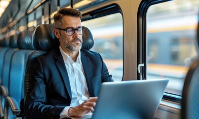 A businessman is travelling in a train while working on a laptop