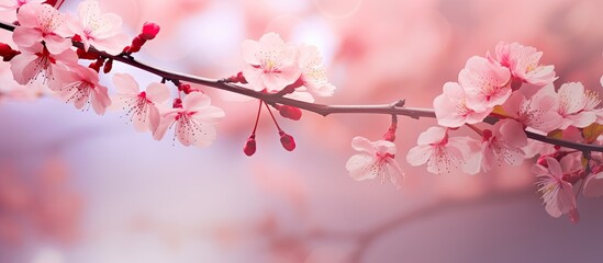Obraz premium A branch of a cherry tree with vibrant pink flowers blooming against a soft focus background. The delicate petals contrast beautifully with the dark branches, creating a stunning display of natures