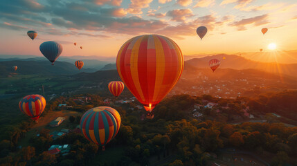 Colorful hot-air balloons flying over the mountain. - Powered by Adobe