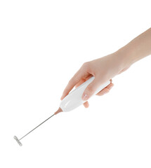 Woman holding milk frother wand on white background, closeup