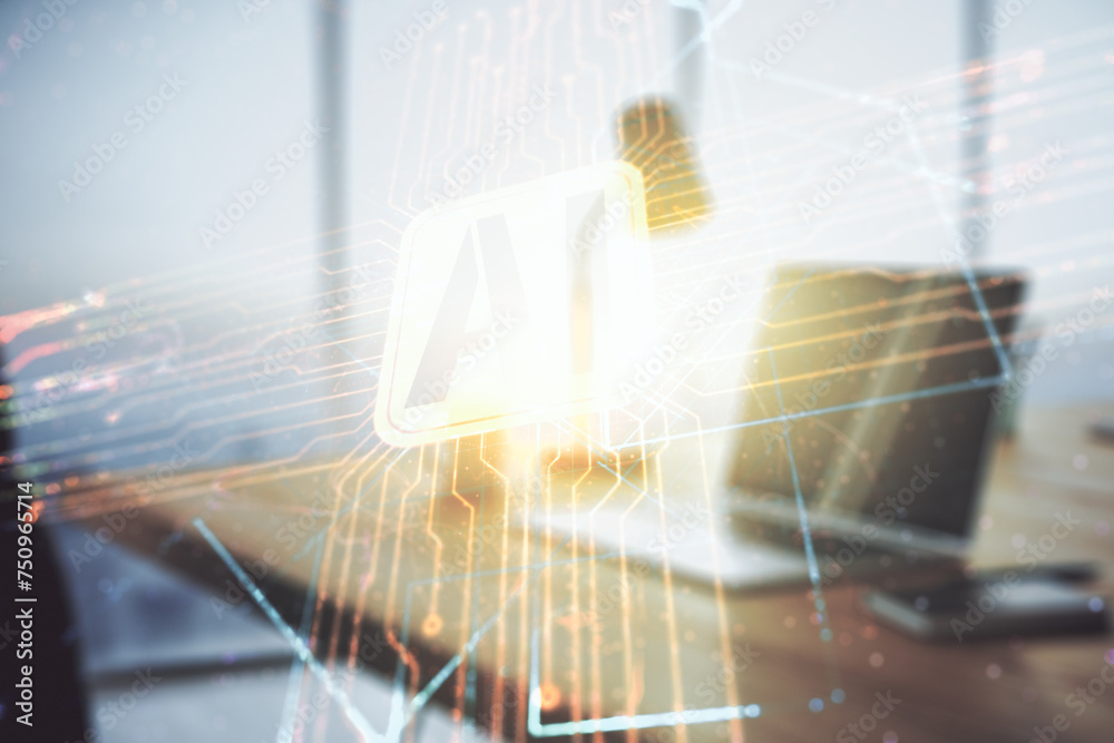 Leinwandbilder double exposure of creative artificial intelligence icon with modern laptop on background. neural ne