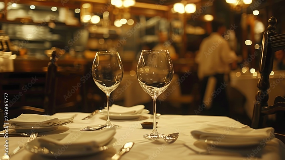 Poster two empty wine glasses on a table in a restaurant. perfect for restaurant and dining concepts