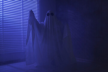 Creepy ghost. Woman covered with sheet near window in blue light