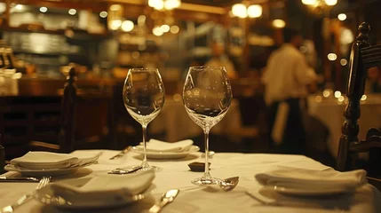 Selbstklebende Fototapeten Two empty wine glasses on a table in a restaurant. Perfect for restaurant and dining concepts © Fotograf