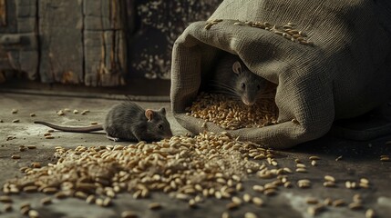 The rats have gnawed through a bag of wheat grain and are destroying the wheat reserves. Food crisis, rising prices for bread and flour. High food prices
