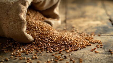 Spilled canvas bag with wheat grain in the barn. Food crisis, rising prices for bread and flour, high food prices