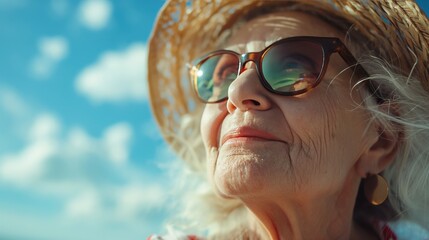 Old grandmother in sunglasses and a straw summer hat enjoys summer sunny hot days and holidays, vacation and travel - obrazy, fototapety, plakaty