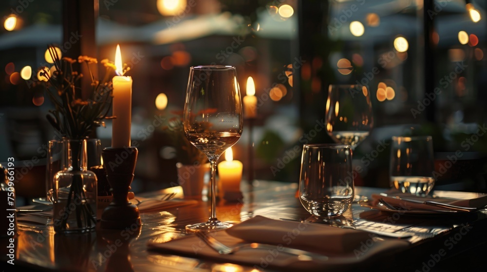 Poster a beautifully arranged table with candles and place settings. perfect for dining concepts
