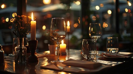 A beautifully arranged table with candles and place settings. Perfect for dining concepts