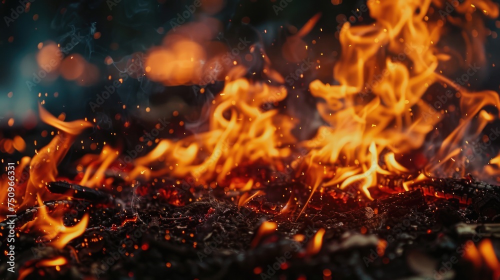 Poster A close up of a fire with lots of flames. Suitable for various design projects