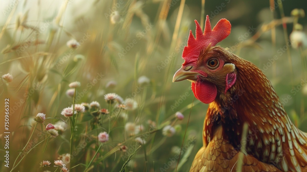 Poster a close up of a chicken in a field of flowers. suitable for farm or nature concepts