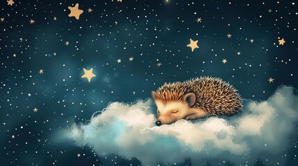 Little hedgehog calmly sleeping on a white cloud with background of the starry sky, children's sleep, fairy-tale dreams - obrazy, fototapety, plakaty
