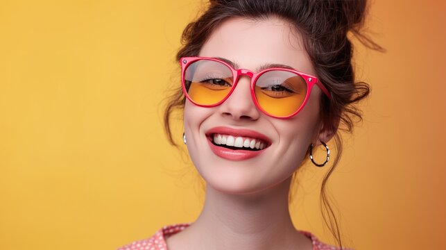 Positive smiling and happy model young woman in sunglasses with yellow lenses rejoices at an important event, holiday on a yellow background