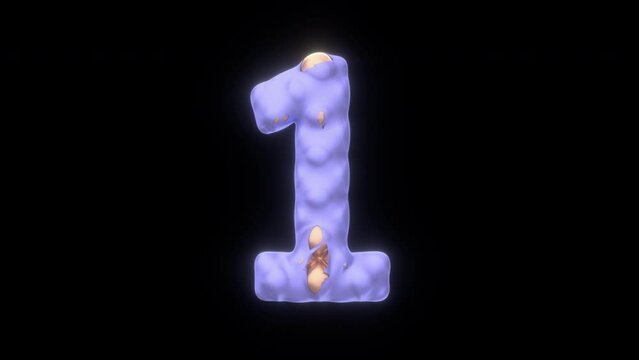 Inflated Digit 1 Balloon in Peach Fuzz Golden Color is Taking off the Pastel Light Blue Shiny Cloth Shell. 4K 3D animation on Transparent Background. Part of 0 to 9 numbers sequence.